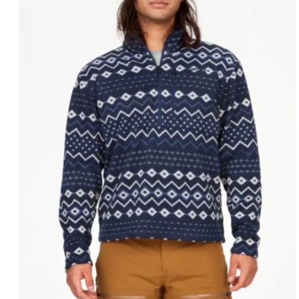 Marmot Fleece Pullover Mens XL Heavyweight Drop Line 1/2 Zip Blue Fair Isle